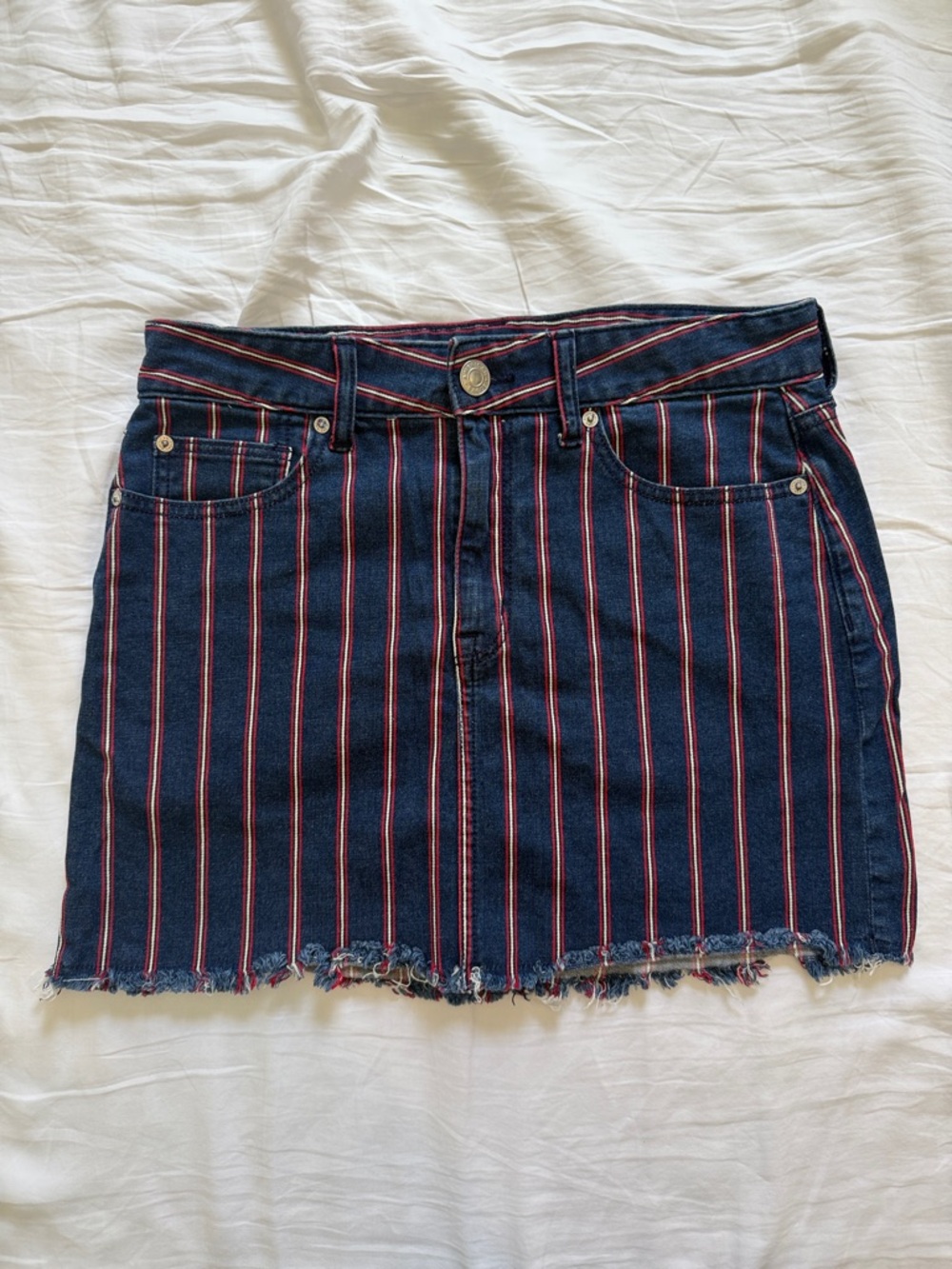 American Eagle Outfitters Navy Denim Mini Skirt with Red Pinstripes